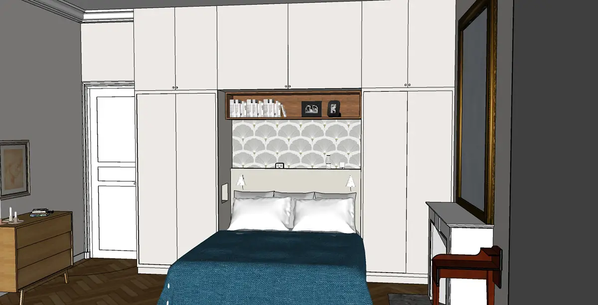 Chambre adulte moderne avec mur d'accent en papier peint floral et autres murs peints en couleur douce