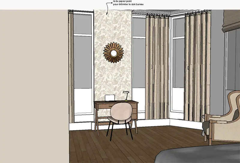 Salon contemporain avec canapé devant un mur en papier peint graphique contrastant avec des murs peints en ton neutre