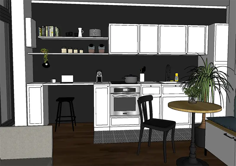 Plan d'aménagement d'un coin bureau intégré dans une cuisine avec plan de travail dédié et rangements muraux