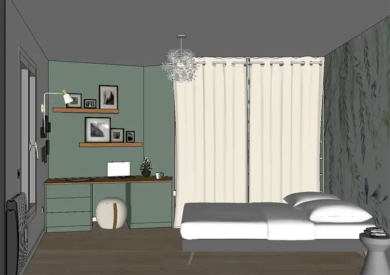 Plan d'aménagement d'un bureau télétravail dans une chambre avec séparation visuelle et éclairage dédié