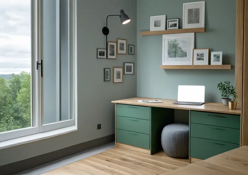 Aménagement d'un bureau télétravail complet après rénovation avec mobilier ergonomique, rangements intégrés et finitions soignées