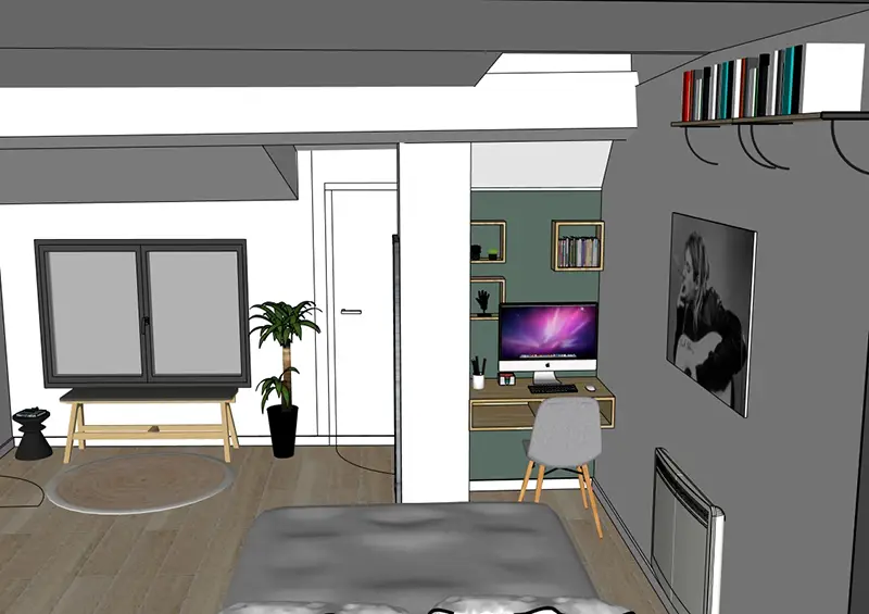 Schéma d'aménagement d'un bureau discret dans un salon avec bibliothèque intégrée et espace de rangement optimisé